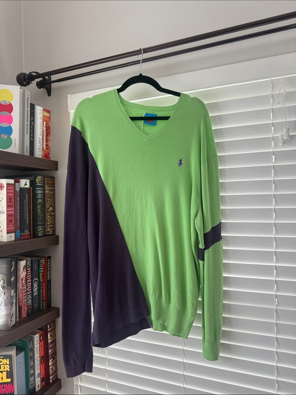 UPCYCLED BY ME Polo by Ralph Lauren V-Neck Colorblock Sweater in Green & Purple